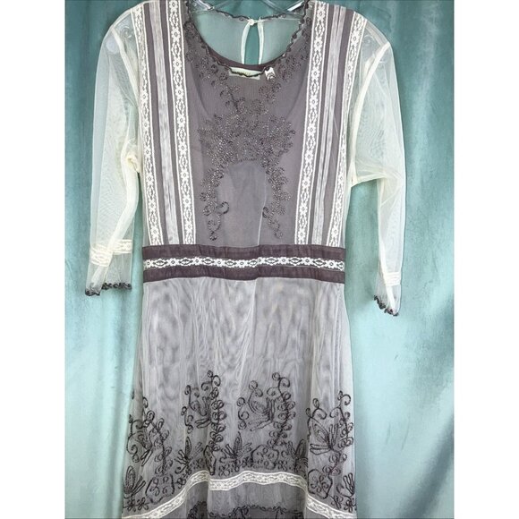 36 Bust Nataya Tiered Edwardian Style Dress Gray Ivory S - Picture 2 of 6